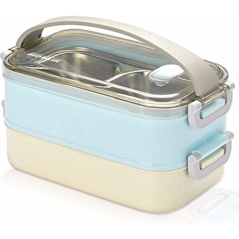 2 couches boîte à lunch en acier inoxydable portable thermique boîtes à bento boîte à lunch isolée lunch box isotherme conteneurs de stockage des aliments pour École bureau 1.6L Bleu (1/5)