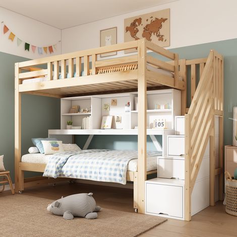 Lit superposé enfant 90x200 + 90x190 cm, Lit gigogne, Bureau mobile, Escalier avec rangements, Étagère, Pin et MDF, Blanc et Chêne (1/5)