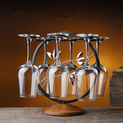 Support à verres à vin rouge en Bronze Vintage, 6 verres, présentoir de stockage de verres à pied, support de séchage, support de table autoportant, Base en bois massif (1/5)