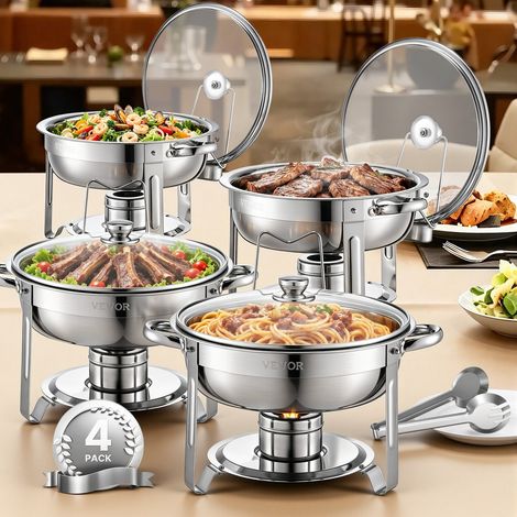 VEVOR Set Scaldavivande a Buffet 4,7 L in Acciaio Inox con 4 Padelle, Distributore Calore Rotondo con Coperchio in Vetro, Vaschetta per l'Acqua e Supporto, per Matrimoni, Feste a Buffet, Argento (1/5)