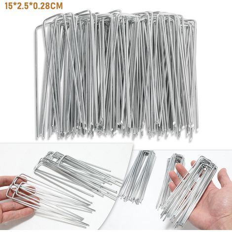 Randaco Set di 100 picchetti in acciaio zincato 150x25 mm per ancoraggio al suolo di teloni e reti da giardinaggio a U angolari