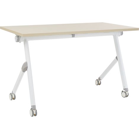 Escritorio rectangular moderno plegable con ruedas mesa móvil portátil estructura metálica 120 x 60 cm madera clara y blanco Bendi