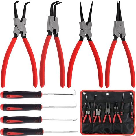 Lot de 8 pinces à circlips externes robustes de 22,9 cm et crochets de précision avec sac de rangement, pinces à circlips avec mâchoire droite/courbée pour extracteur de tuyau d'anneau de (1/5)