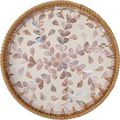 Palette décorative ronde de 28 à 20 cm en forme de vigne - Palette décorative de style bohème moderne - Mosaïque en nacre - Panier décoratif pour table basse - Palette décorative tissée à la main (dor (1/5)