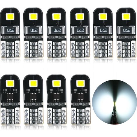 Ampoules T10 LED CANBUS Sans Erreur 12V Blanc Pas De Polarité Conçu W5W 194 501 168 Wedge Intérieur De Voiture Lumière Dôme Porte Côté Coffre Plafonnier Plaque D'immatriculation 10Pcs [Classe énergéti (1/3)