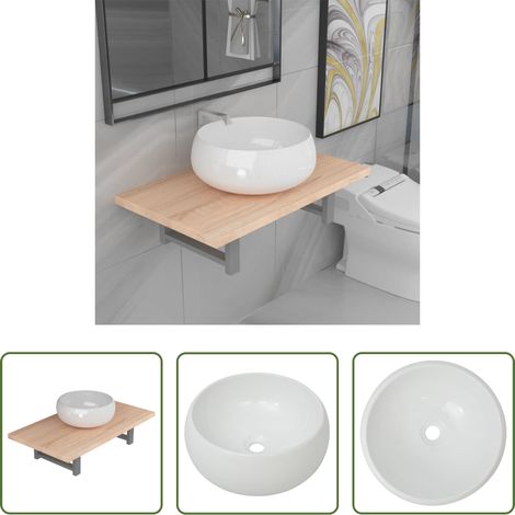 Lavabo rond - Meuble de salle de bain en deux pièces Céramique Chêne (1/5)