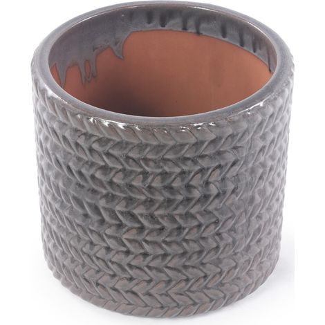 Vaso in ceramica grigio lucido Ø17,5 cm con rilievo a spina di pesce e foro di drenaggio (1/5)