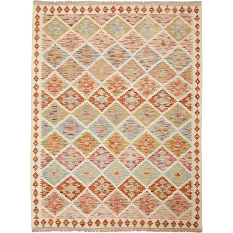 Tapis kilim 150 x 198 cm, motif ethnique, multicolore, bleu et orange, en laine naturelle, tissé plat artisanal (1/5)
