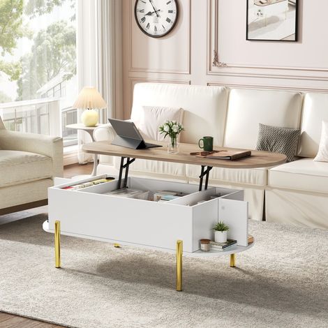 Table Basse Relevable - 120x50x43cm - Plateau Relevable avec Rangement Étagères Modulables Salon Contemporain - Blanc et Bois (1/5)