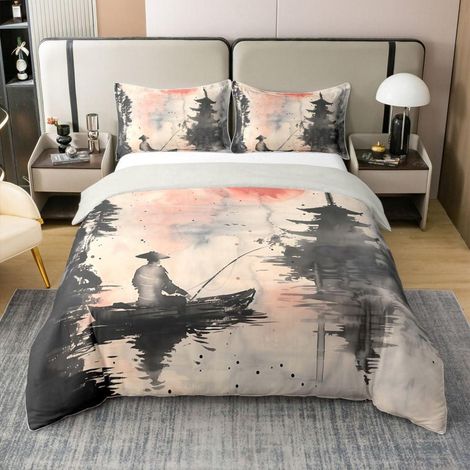 Ensemble de literie 135x200 cm Coton Style Japonais Pêcheur Pêche Motif Ukiyo-e