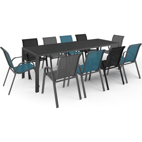 Idmarket – Ensemble table et 10 chaises empilables – Table 240 cm en verre trempé – Structure en acier gris – Chaises en textilène bleu, gris et noir