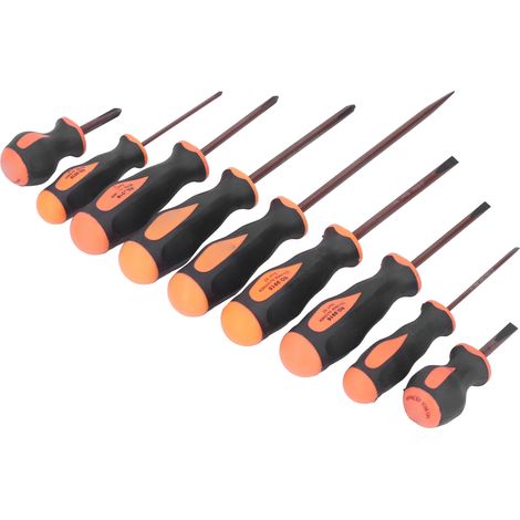 Jeu de 9 tournevis magnétiques en acier allié S2 avec poignée ergonomique. (1/5)