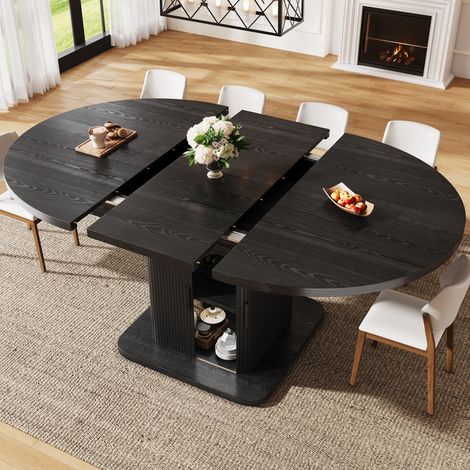 Table à manger extensible ovale 110-149,8x110x75 cm avec rangement, portes coulissantes, étagère amovible, pied central, MDF, noir