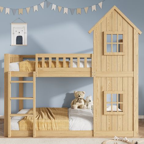 Lit superposé enfant en bois 90x200 cm maison avec 2 fenêtres,escalier 3 marches garde corps sans matelas Pin MDF Naturel (1/5)