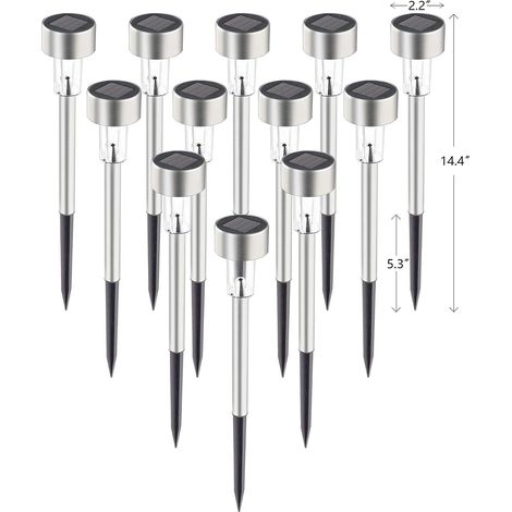 Set di 12 luci solari da esterno, in acciaio inox IP44, impermeabili, con funzione di accensione/spegnimento automatica. Adatte per giardino, cortile, patio, vialetto e percorso pedonale. (Luce bianca (1/5)