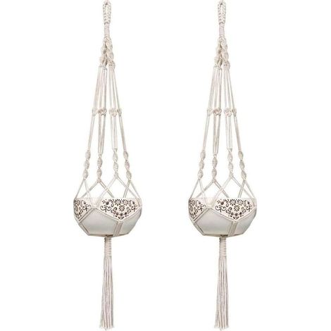 Lot de 2 suspensions pour plantes en macramé blanc crème de 105 cm, en corde de coton solide, pour pots de fleurs suspendus en extérieur et intérieur. Décoration murale pour balcon ou jardin, style bo (1/5)
