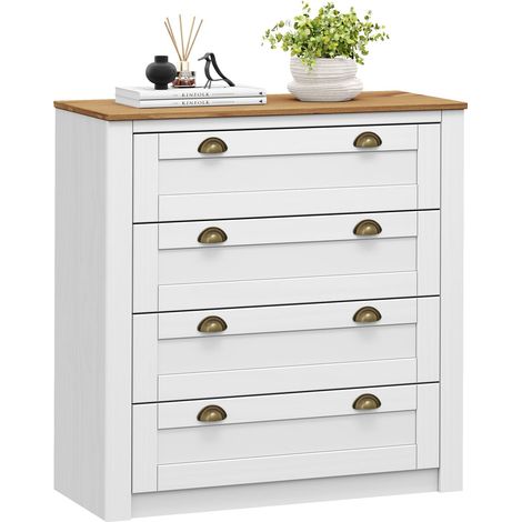 Idimex – Commode chambre Bolton 91 cm – Bois massif pin blanc – 4 tiroirs avec poignées métal bronze – Rangement élégant pour chambre ou salon (1/5)