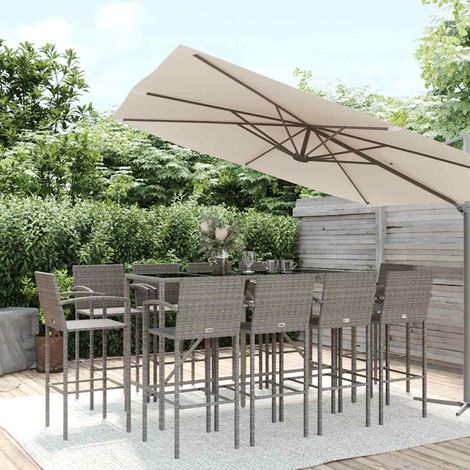 Ensemble bar de jardin 11 pièces en résine tressée gris, table et 10 tabourets - PANGIVO (1/5)