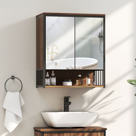 Armoire murale salle de bain avec miroir meuble salle de bain avec compartiment ouvert porte à fermeture amortie marron