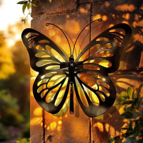 Solar Wandbild Schmetterling schwarz mit 31 LED - 34 x 25 cm - Metall Wanddeko für Außen warm weiß beleuchtet