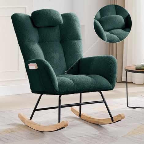 Rocking chair Fauteuil à bascule avec dossier haut, appui-tête et coussin lombaire peluche teddy, charge jusqu'à 160 kg, vert