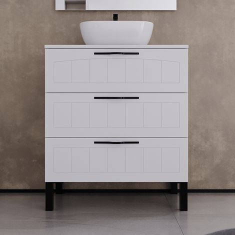 Meuble de salle de bain 60cm avec plateau et vasque à poser ovale - 3 tiroirs - sans miroir - blanc - CALA (1/5)
