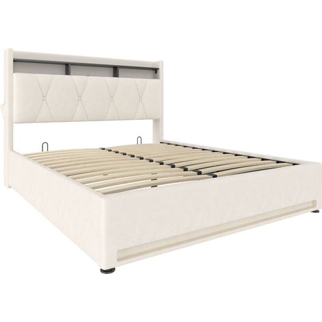 Lit double 160x200 cm beige rembourré avec led, usb-c, coffre et rangements, sans matelas