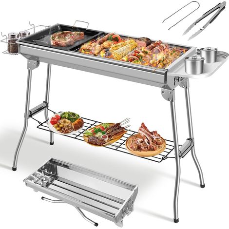 1 Barbecue À Charbon Pliant, Acier Inoxydable, Grille Épaisse, Poêle Antiadhésive, Jardin Camping 5-10 Personnes (1/5)