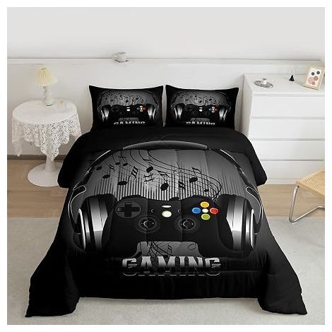 Parure de lit Douce avec Couette et 2 taies d'oreiller pour garçons et Adolescents Motif Manette de Jeu vidéo Noir/Gris Très Grand lit (1/5)