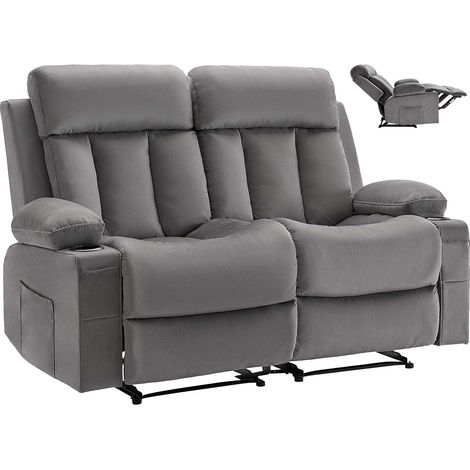Canapé Inclinable Électrique 2 Places, Causeuse Inclinable avec Chauffage et Massage, en Velours Doux, avec Ports USB, Porte-gobelets et Poches Latérales, pour Chambre Salon Appartement, Gris (1/5)