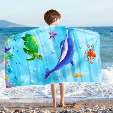 CSPARKV Kids Beach Towel – Ocean Beach Towel 70 x 150cm Soft Polyester Absorbent Bath Towel Sports Pool Bath Towel for Boys Girls Blue (1/5)