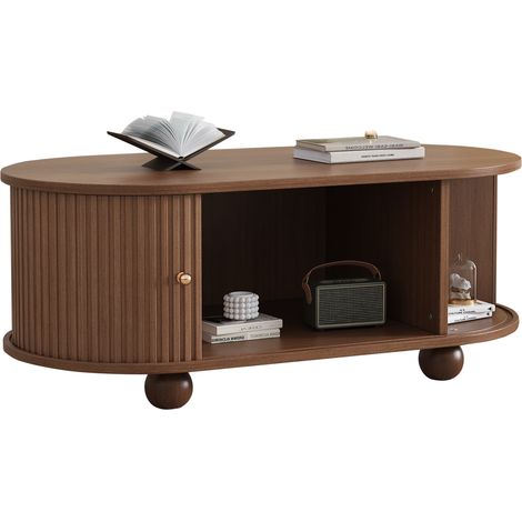 Ovale Couchtisch mit 2 Schiebetüren 360° und Stauraum, Industrie-Stil, aus MDF, 100×50×40 cm, Nussbaum (1/5)