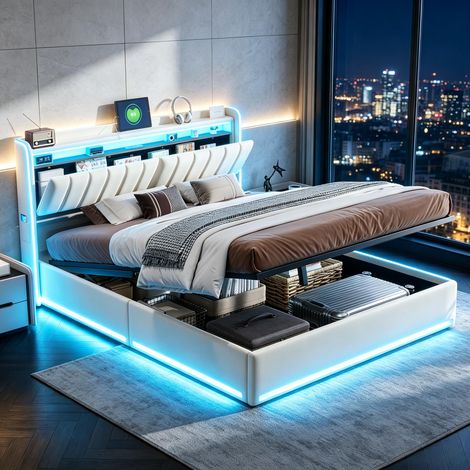 FOERPL-Letto 140 x 200 cm con rete a doghe, letto contenitore 140 x 200 cm con LED e porte USB, letto matrimoniale imbottiti 140 x 200 cm con testiera e contenitore, letto per adulti con rete a doghe
