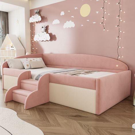 Lit simple 90x190 cm, lit enfant, lit rembourré - canapé avec marche et accoudoirs - sommier à lattes - velours, Rose (1/5)
