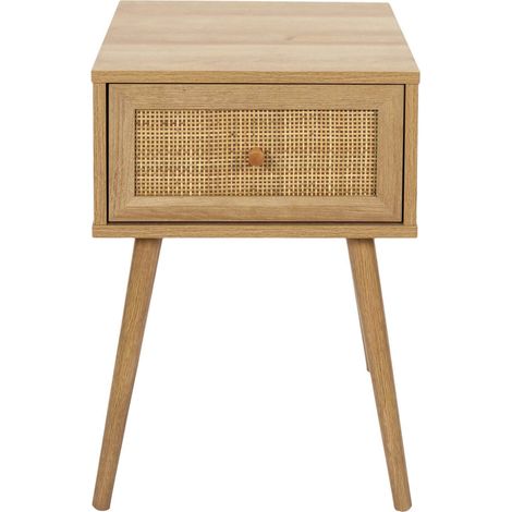 Altobuy – Chevet 1 tiroir en panneaux de particules effet bois – Façade rotin – Dimensions 39x39x55,4cm – Piétement en eucalyptus (1/5)