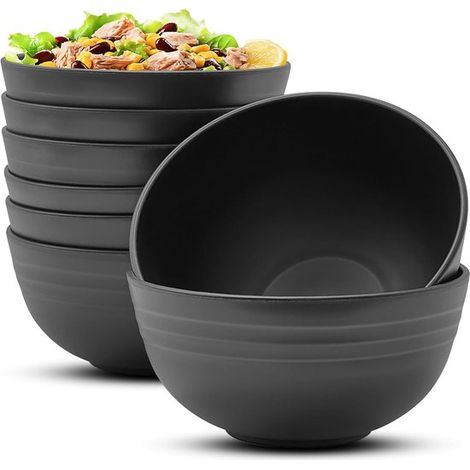 Bol para ensalada (juego de 8 piezas), Bol de plástico reutilizable para ensalada, Bol de plástico ligero, libre de BPA, 15 x 15 x 7,5 cm, negro (1/5)