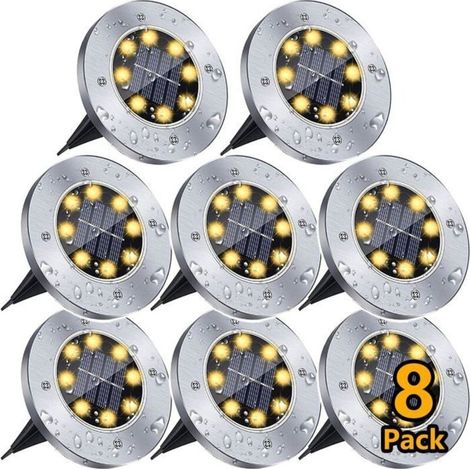RisingFF Solar Garden Lights, 8 Waterproof LED Discs, Warm White (Set of 8)