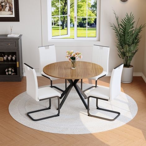 Ensemble de salle à manger : table ronde et 4 chaises blanches en similicuir, ensemble de cuisine moderne avec structure en métal pour la maison (1/5)