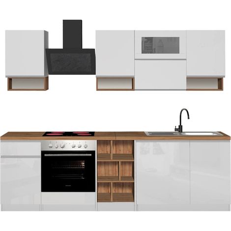 Dmora - Cucina completa Attiko, Set con dispensa, Mobile per cucinotto, Kit blocco lineare, 100% Made in Italy, 255x60h85 cm, Bianco lucido e Rovere (1/5)