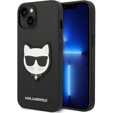 Custodia rigida Karl Lagerfeld KLHCP14MSAPCHK per iPhone 14 Plus / 15 Plus da 6,7" nera/nera con patch a testa di Choupette in pelle Saffiano. (1/5)
