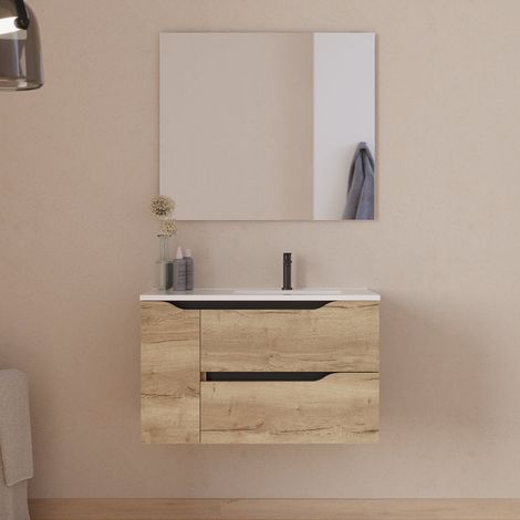 Meuble de salle de bain 80cm avec vasque déportée à droite et miroir - 2 tiroirs et un placard - madera miel (bois clair) - ZARZA (1/5)