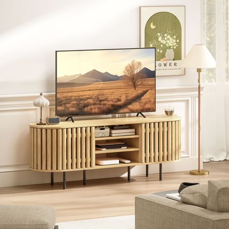 Meuble TV, meuble télé pour téléviseur 60 pouces, 2 portes à lattes, bois naturel, 140x40x52cm