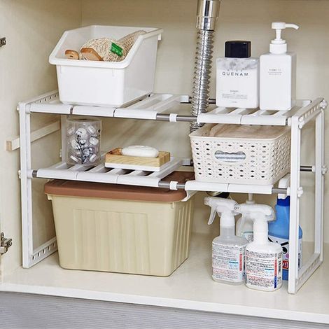 Étagère Sous Evier Rangement Organisateur Pour Armoire Cuisine Salle de Bain Blanc (1/5)