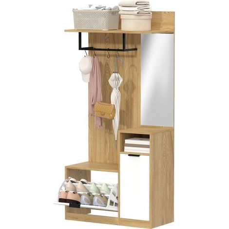 Eingangsbereich mit Bar, 4 Haken, Bank mit Schuhablage und Schrank, Eiche und Weiß