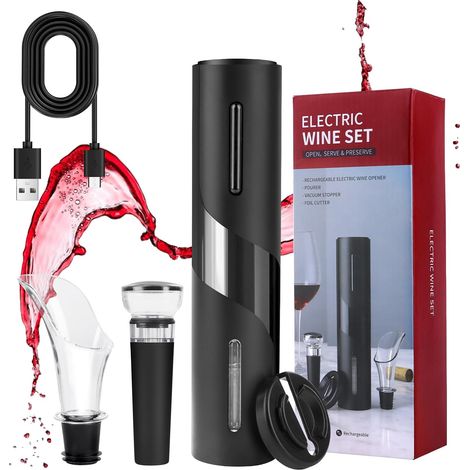Tire-bouchon électrique, ouvre-bouteille automatique, pompe à vide, verseur, bouchon et câble USB, coffret cadeau de Noël pour les amateurs de vin (1/5)