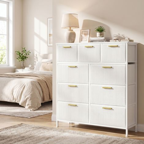 Commode de Chambre 9 Tiroirs, Meuble de Rangement en Velours Côtelé, 98,7 x 30 x 96,2 cm, Blanc neige (1/5)