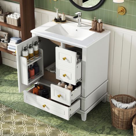 Meuble vasque autoportant 61cm blanc laqué, 3 tiroirs, porte étagères intégrées, grand rangement sous lavabo céramique, sans robinet, salle bain moderne et fonctionnel (1/5)