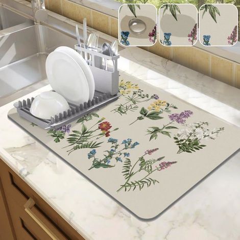 BelleRise - Un tapis égouttoir pour plans de travail de cuisine, absorbant, de 30 cm x 50 cm, orné de fleurs de sauge vintage. (1/5)