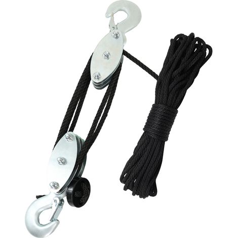 Système de poulies avec palan, poulie à roue en acier avec roulement pour camping, chasse, navigation de plaisance et levage, bricolage, 3 roues, 15 m, en acier noir, forme de crochet (1/5)