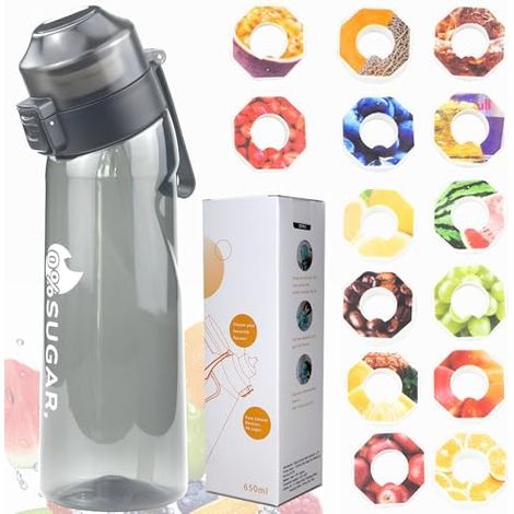 Botella de agua deportiva perfumada, 650 ml, con 14 aromas frutales diferentes, ideal para acampar, hacer ejercicio y para la escuela (negro transparente). (1/5)